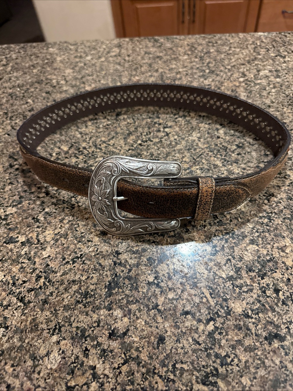 Nocona Belt Brown Leather Western Belt with Embossed Silver Buckle Rust Beads